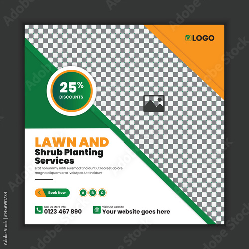 Professional lawn care and landscaping services social media post template, garden maintenance web banner design, outdoor services, and green landscaping business promotion. Perfect for digital market