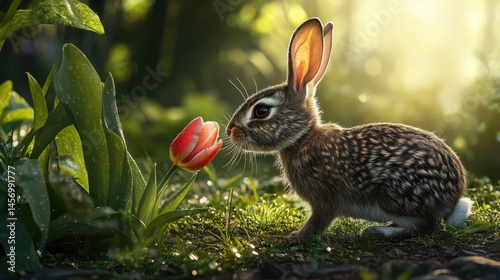 Wild brown rabbit sniffing blooming tulip in morning garden with dewdrops on grass and sunlight filtering through leaves