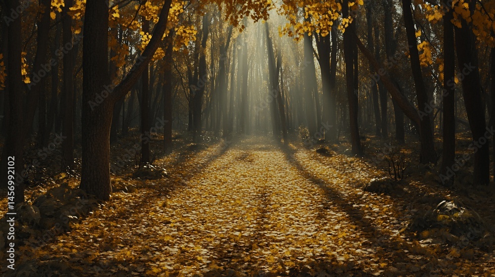 Obraz premium Sunbeams illuminate a path through a mystical autumn forest with golden leaves.