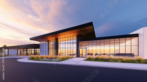 Modern commercial building with large glass windows at sunset, showcasing vibrant colors and landscaping