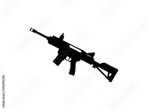Powerful Silhouette of an Assault Rifle with Stars, A bold, impactful silhouette of an assault rifle, set against a plain white background. assault rifle, rifle, gun, weapon, silhouette, black and whi