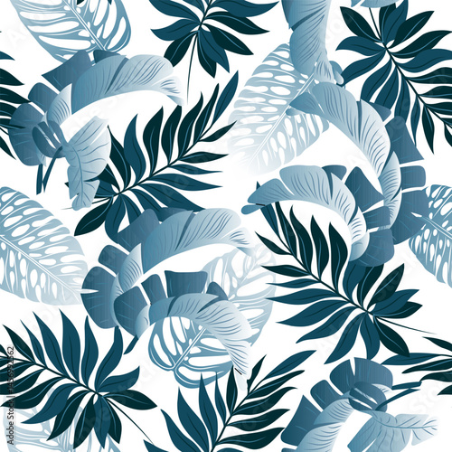 Seamless pattern with blue tropical leaves plants. Botanical elegant decorative vector in watercolor style