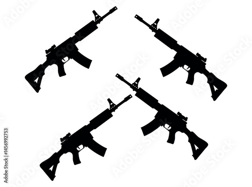 Silhouette illustration of various assault rifles, black silhouettes of different types of firearms, including rifles and pistols. firearms, weapons, guns, rifles, pistols, shotguns, assault rifles, m
