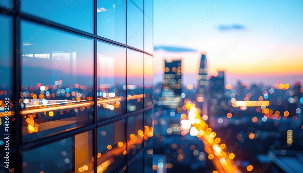 Modern city skyline reflected in a glass building at sunset with colorful bokeh lights in the background.