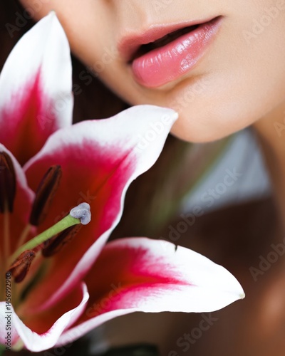 Extreme beauty closeup of glossy nude lips beside a blooming pink and white lily, symbolizing natural beauty, skincare elegance, and sensual wellness - ideal for cosmetic or spa campaigns.