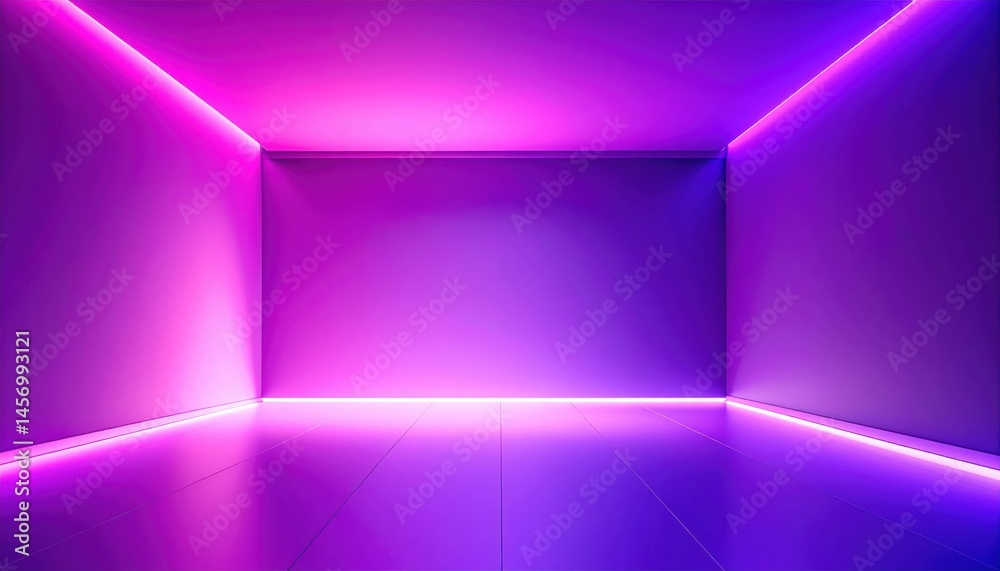 A modern, empty room illuminated by vibrant purple and pink LED lights with a glossy reflective floor.