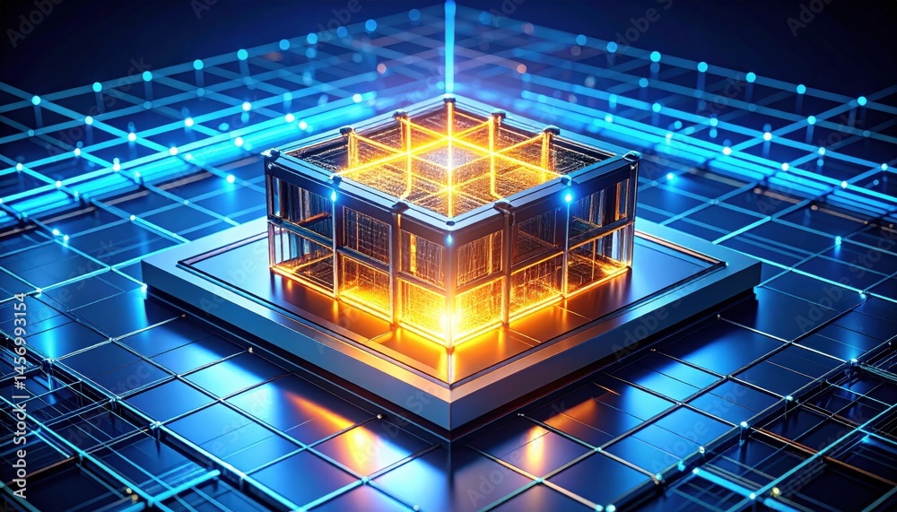 A glowing, futuristic computer chip sits on a digital grid, symbolizing advanced technology and innovation.