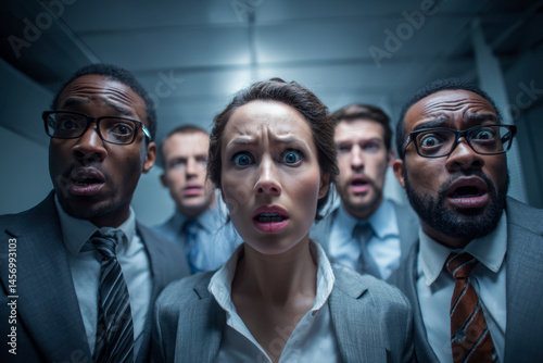 Surprised office workers react to unexpected news, with expressions of shock and alarm.