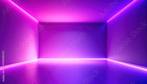 Obraz na płótnie A modern, empty room illuminated by vibrant purple and pink LED lights with a glossy reflective floor. w salonie