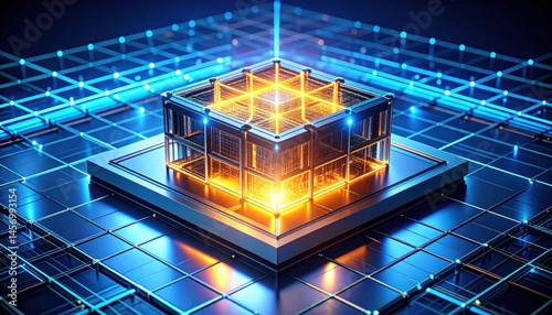 Obraz na płótnie A glowing, futuristic computer chip sits on a digital grid, symbolizing advanced technology and innovation. w salonie
