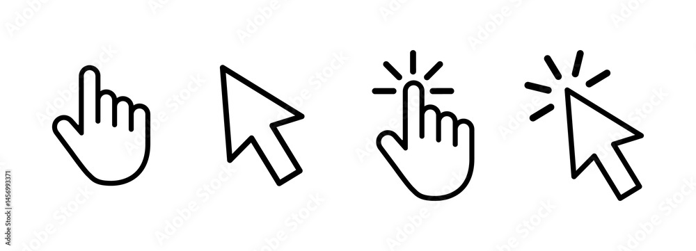 Hand and cursor click icons in black outline style on a light background, representing interaction, click, and selection concepts. Minimalistic UI symbols for web and app design. Cursor, click, icons.
