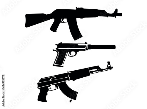 Silhouette illustration of various assault rifles, black silhouettes of different types of firearms, including rifles and pistols. firearms, weapons, guns, rifles, pistols, shotguns, assault rifles, m