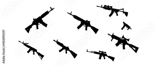 Silhouette illustration of various assault rifles, black silhouettes of different types of firearms, including rifles and pistols. firearms, weapons, guns, rifles, pistols, shotguns, assault rifles, m