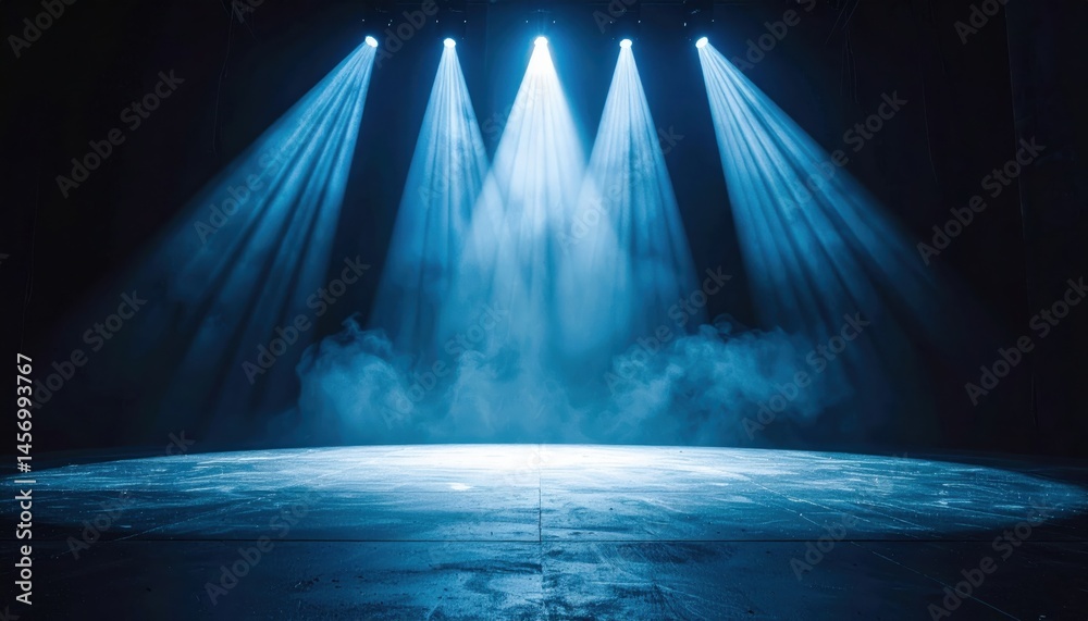 Empty stage illuminated by blue spotlights with mist swirling in the background, creating a dramatic and theatrical atmosphere.