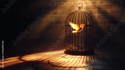 Bird made of light inside cage of shadows symbolizing restriction versus freedom with dramatic contrast and artistic lighting