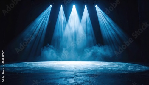 Obraz na płótnie Empty stage illuminated by blue spotlights with mist swirling in the background, creating a dramatic and theatrical atmosphere. w salonie