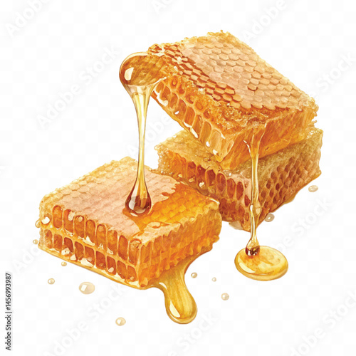 realistic glossy honeycomb dripping liquid honey isolated on transparent background