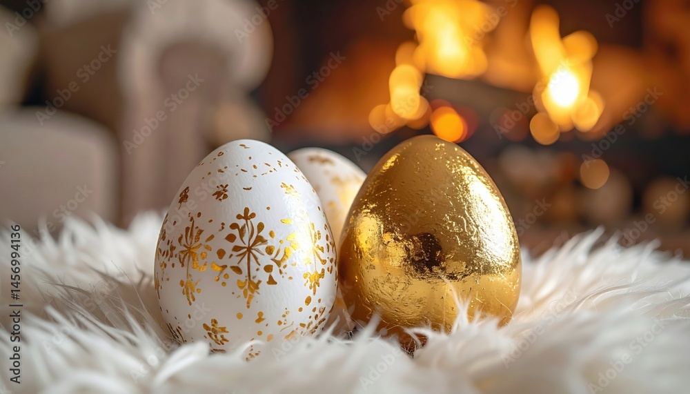 Decorative gold and white Easter eggs on a fluffy surface with a warm, blurred fireplace in the background.
