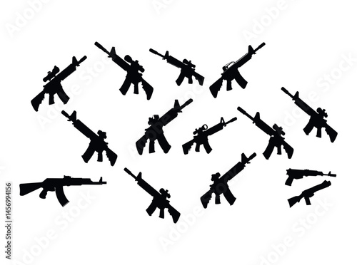 Silhouette illustration of various assault rifles, black silhouettes of different types of firearms, including rifles and pistols. firearms, weapons, guns, rifles, pistols, shotguns, assault rifles, m