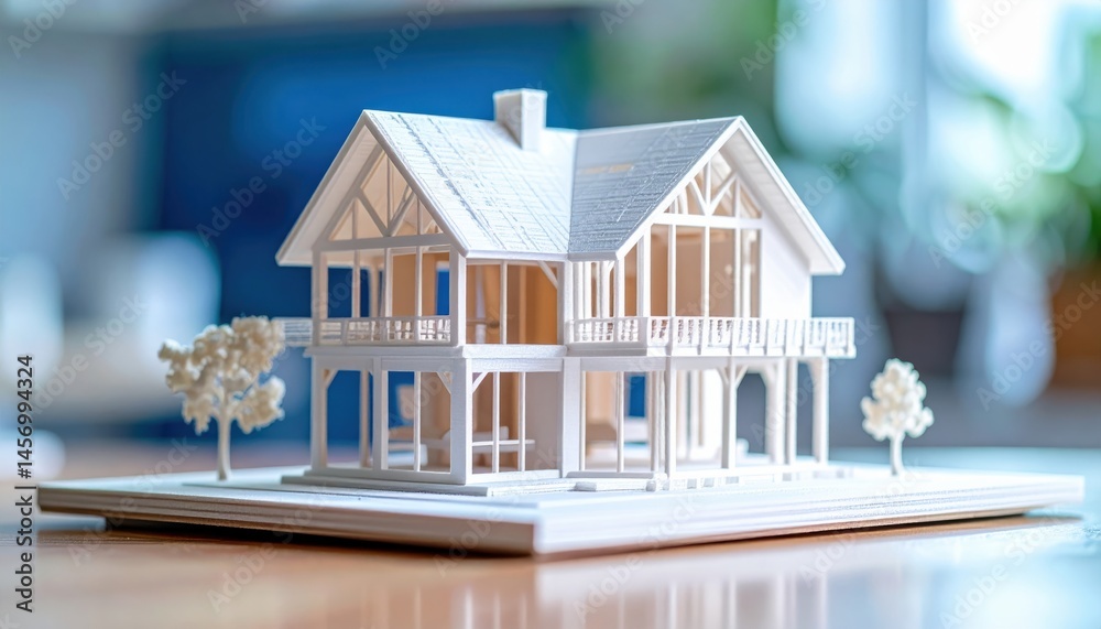 A detailed architectural model of a modern house with trees, placed on a tabletop in a well-lit room.