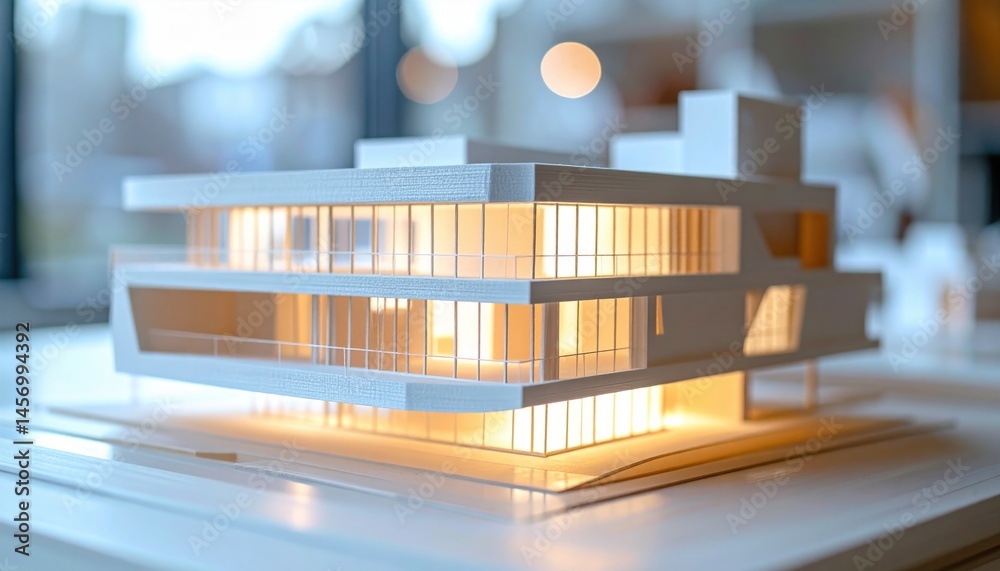 A modern architectural model with illuminated windows, showcasing sleek design and clean lines, sits on a tabletop with a blurred background.
