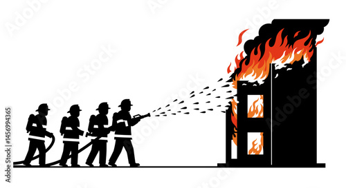 Firefighters battling flames extinguishing a burning building  