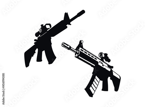 Silhouette illustration of various assault rifles, black silhouettes of different types of firearms, including rifles and pistols. firearms, weapons, guns, rifles, pistols, shotguns, assault rifles, m