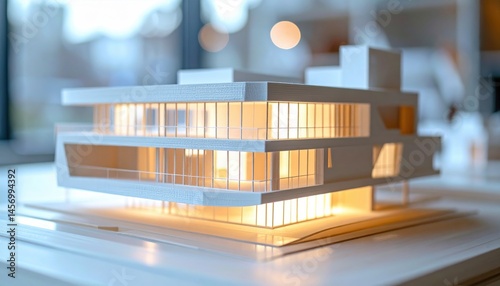 Obraz na płótnie A modern architectural model with illuminated windows, showcasing sleek design and clean lines, sits on a tabletop with a blurred background. w salonie