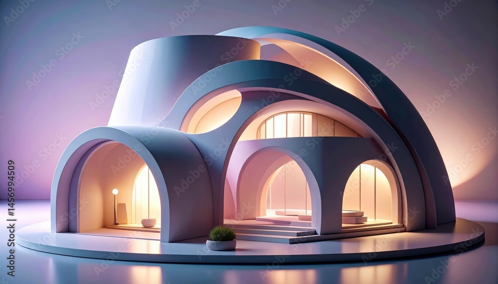 Futuristic building with smooth, curved arches and glowing lights, showcasing modern architectural design in a soft, ambient setting.
