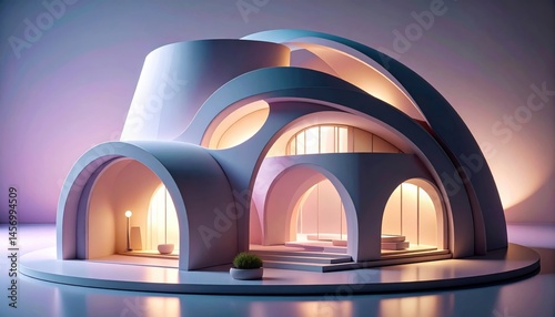 Obraz na płótnie Futuristic building with smooth, curved arches and glowing lights, showcasing modern architectural design in a soft, ambient setting. w salonie