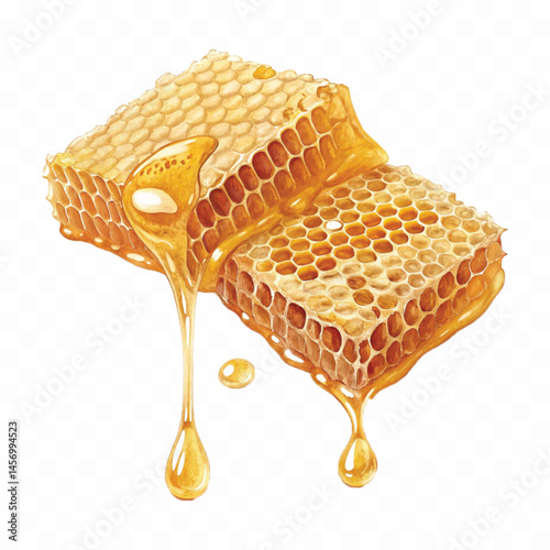 realistic glossy honeycomb dripping liquid honey isolated on transparent background
