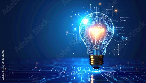 A glowing light bulb with digital circuits symbolizes innovation and technology on a futuristic blue background.
