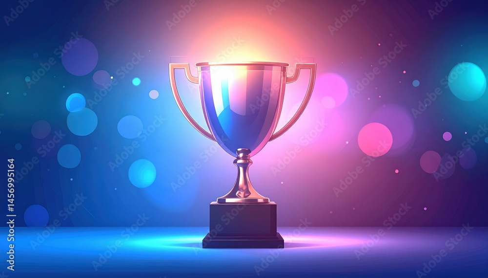 A shiny trophy sits on a lit surface, glowing with colorful, vibrant lights and bokeh in the background.