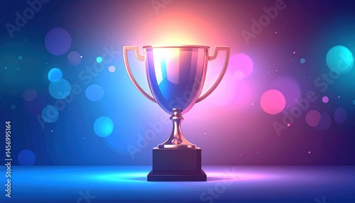 Obraz na płótnie A shiny trophy sits on a lit surface, glowing with colorful, vibrant lights and bokeh in the background. w salonie
