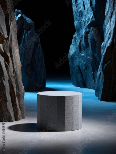 Dramatic stone platform stage illuminated by ethereal blue and gray lighting.