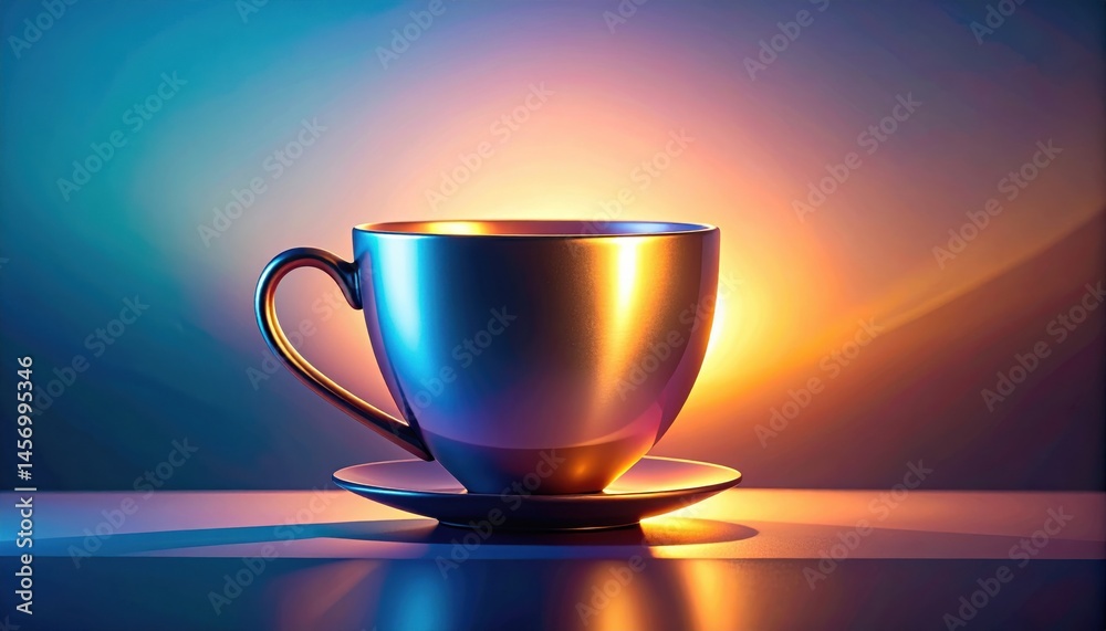 A metallic cup and saucer are illuminated by vibrant, colorful lighting, creating a warm and modern atmosphere.