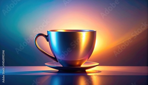 Obraz na płótnie A metallic cup and saucer are illuminated by vibrant, colorful lighting, creating a warm and modern atmosphere. w salonie