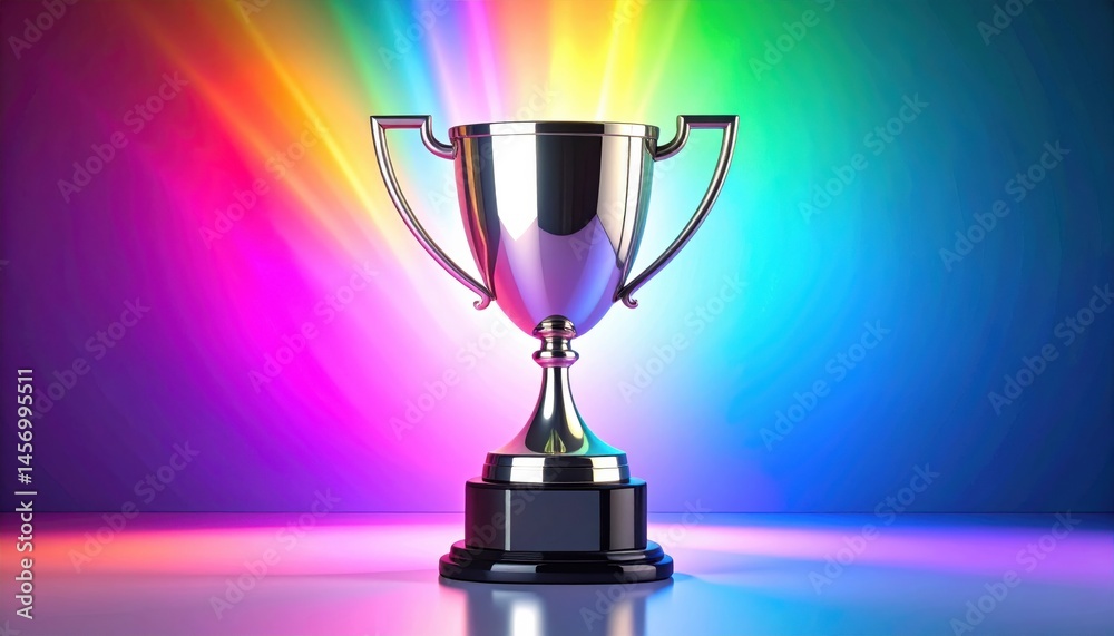 Shiny trophy cup on a reflective surface, illuminated by vibrant, colorful light rays in the background.