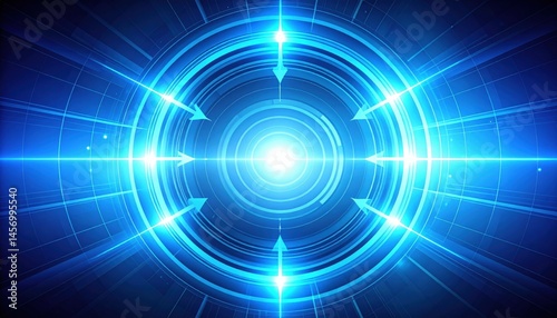 A glowing blue futuristic circular interface with concentric rings, arrows, and radiant light beams at the center.