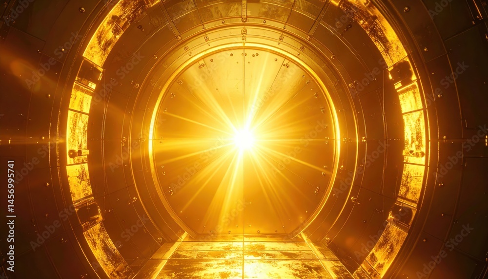 A golden burst of light radiates from the center of a circular metallic chamber, creating a futuristic and scientific atmosphere.