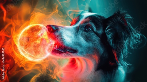 Dog with glowing ball in mouth symbolizing energy joy and special bond between pets and their owners in abstract conceptual style