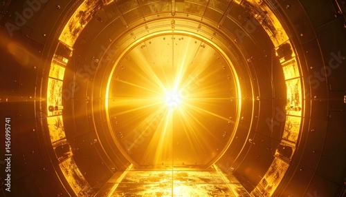 Obraz na płótnie A golden burst of light radiates from the center of a circular metallic chamber, creating a futuristic and scientific atmosphere. w salonie