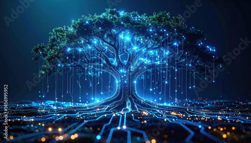 A glowing digital tree with circuit-like branches symbolizes the fusion of technology and nature in a futuristic environment.
