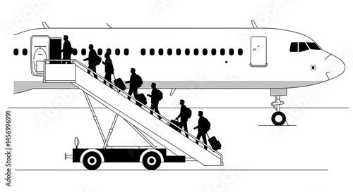Passengers boarding an airplane with luggage on a tarmac  