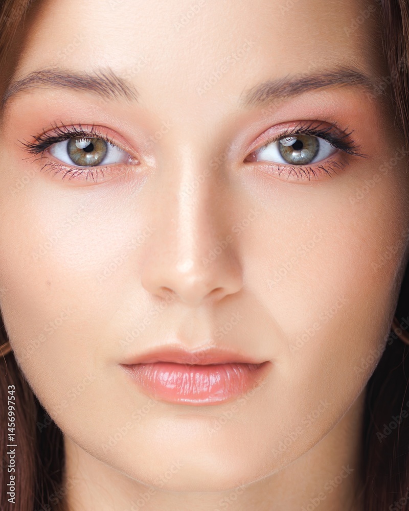 Front-facing close-up of a young woman with peach-toned eye makeup, glossy lips, and flawless skin. Ideal for skincare ads, beauty campaigns, and high-end cosmetic product promotions.