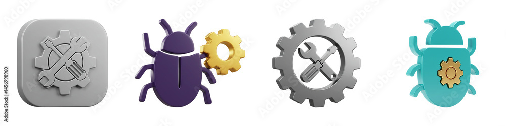 Set of Bug Fixing Icons with Gear and Insect Symbols Isolated on Transparent Background Set of Bug Fixing Icons with Gear and Insect Symbols Isolated on Transparent Background