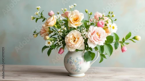 Wallpaper Mural floral arrangement in an ornate pitcher showcasing peach and pink roses with delicate accents Torontodigital.ca