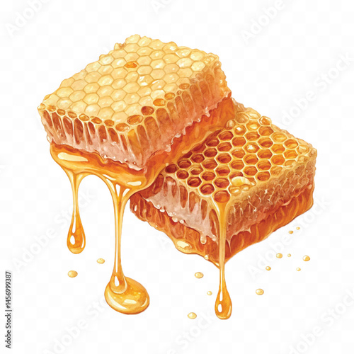 realistic glossy honeycomb dripping liquid honey isolated on transparent background