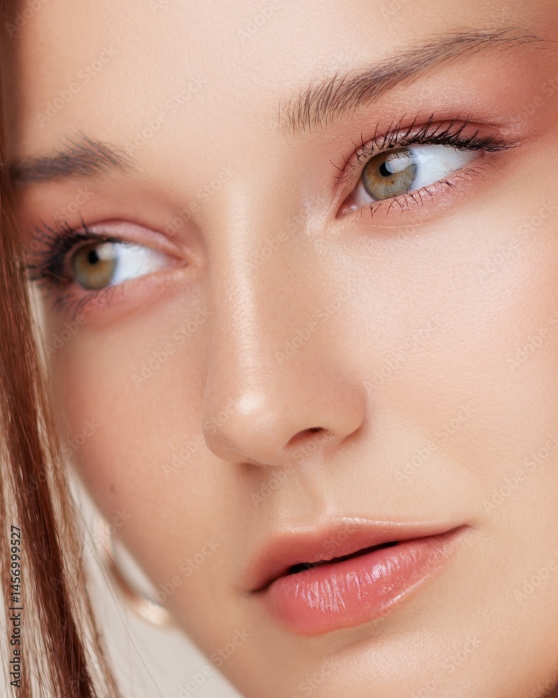 Elegant close-up portrait of a young Caucasian woman with smooth skin, green eyes, and glossy lips. Perfect image for beauty product ads, skincare brands, and high-end cosmetics.