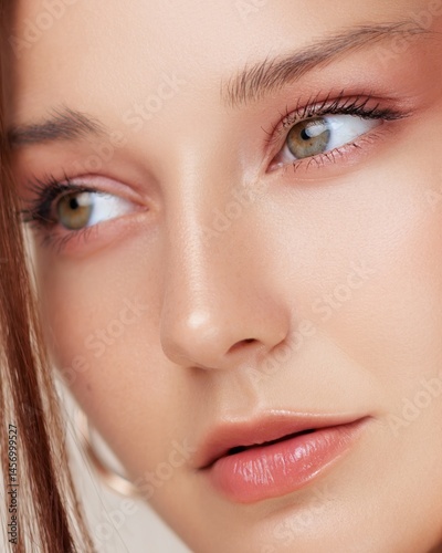 Elegant close-up portrait of a young Caucasian woman with smooth skin, green eyes, and glossy lips. Perfect image for beauty product ads, skincare brands, and high-end cosmetics.